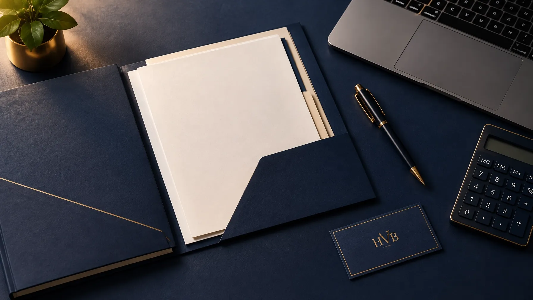 Vista superior navy con carpeta, pluma, calculadora y tarjeta de HVB