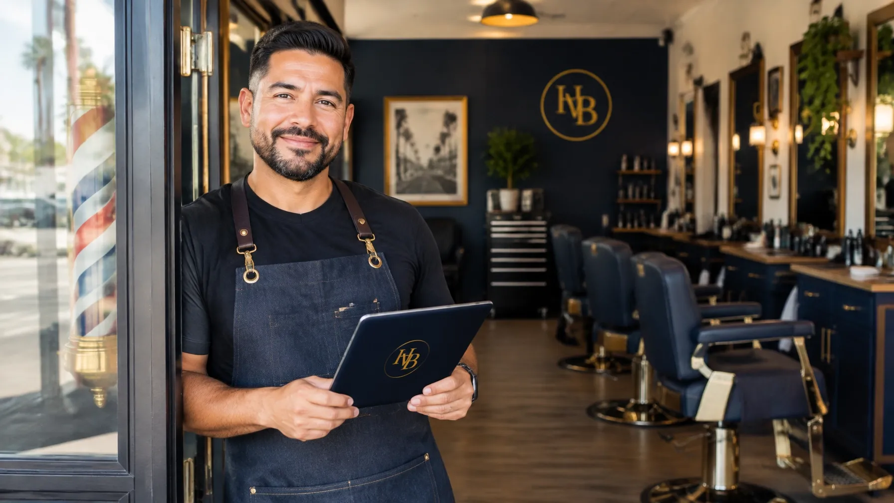 Dueño de pequeño negocio sosteniendo una tableta con el monograma HVB